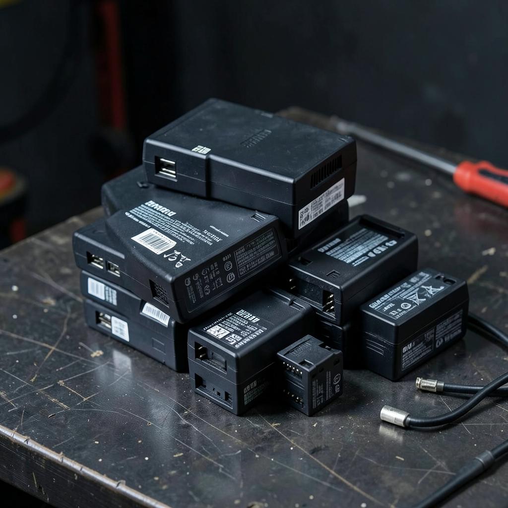 Professional tool battery packs and chargers stacked on a workbench