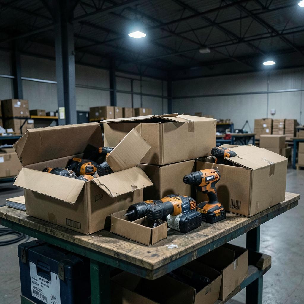 Returned power tools in damaged cardboard packaging