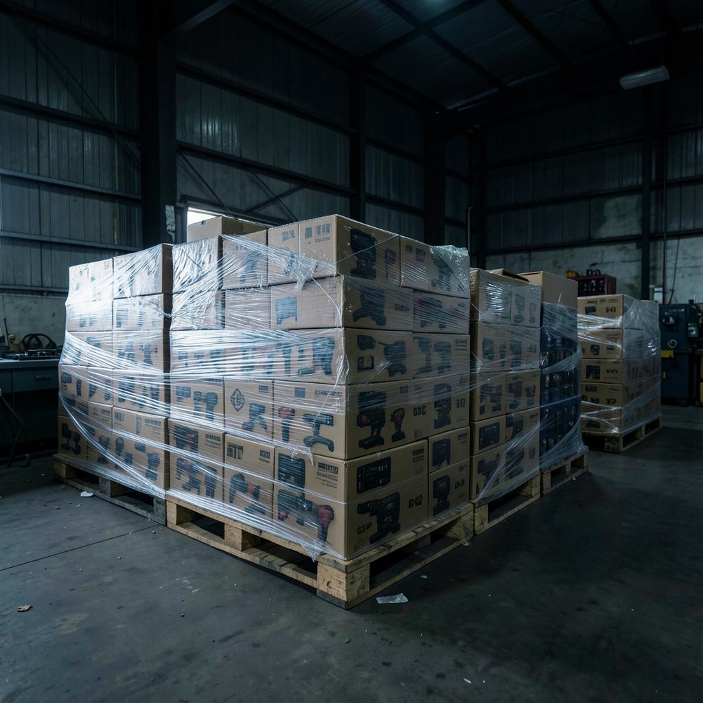 Shrink-wrapped liquidation pallets in a dark warehouse