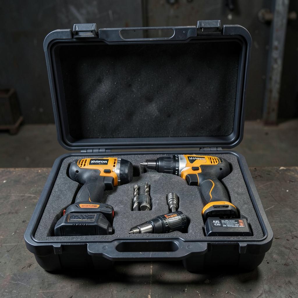 Professional power tool combo kit in an open case with foam inlay