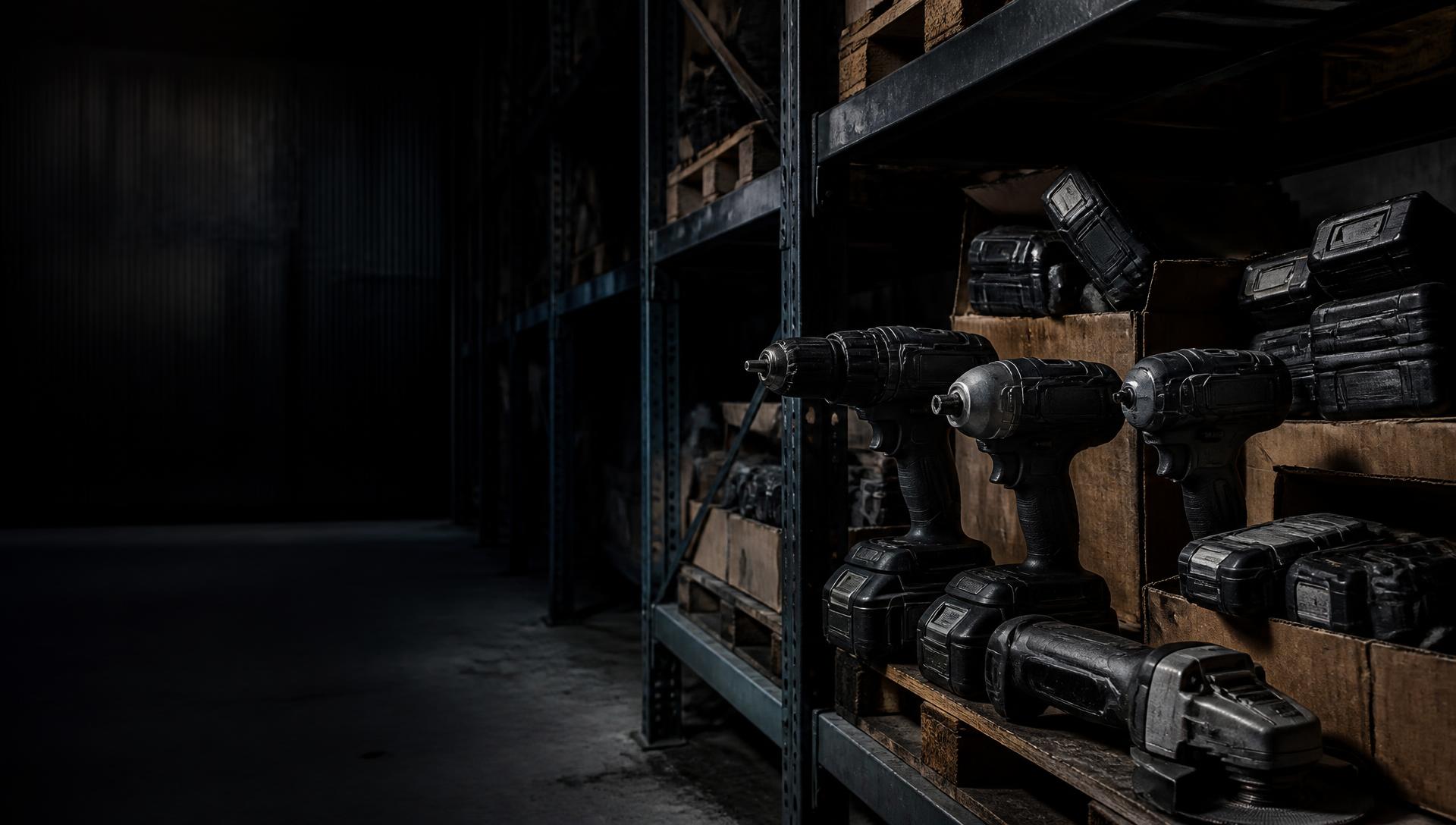 Professional cordless power tools and tool cases stored on pallet racking in a dark warehouse