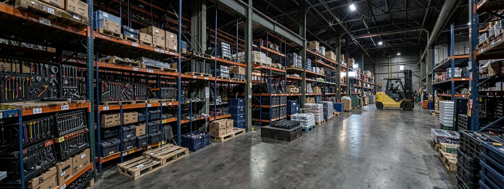 Warehouse aisle with racking full of boxed professional tools