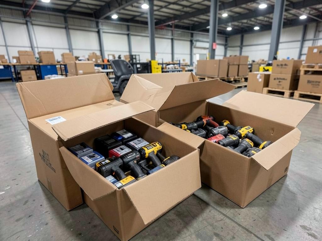 Open boxes of new cordless power tools in a warehouse
