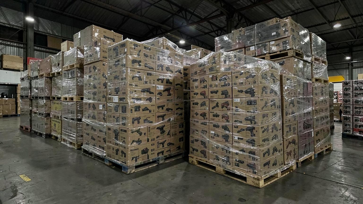 Pallets of boxed tools prepared for warehouse clearance