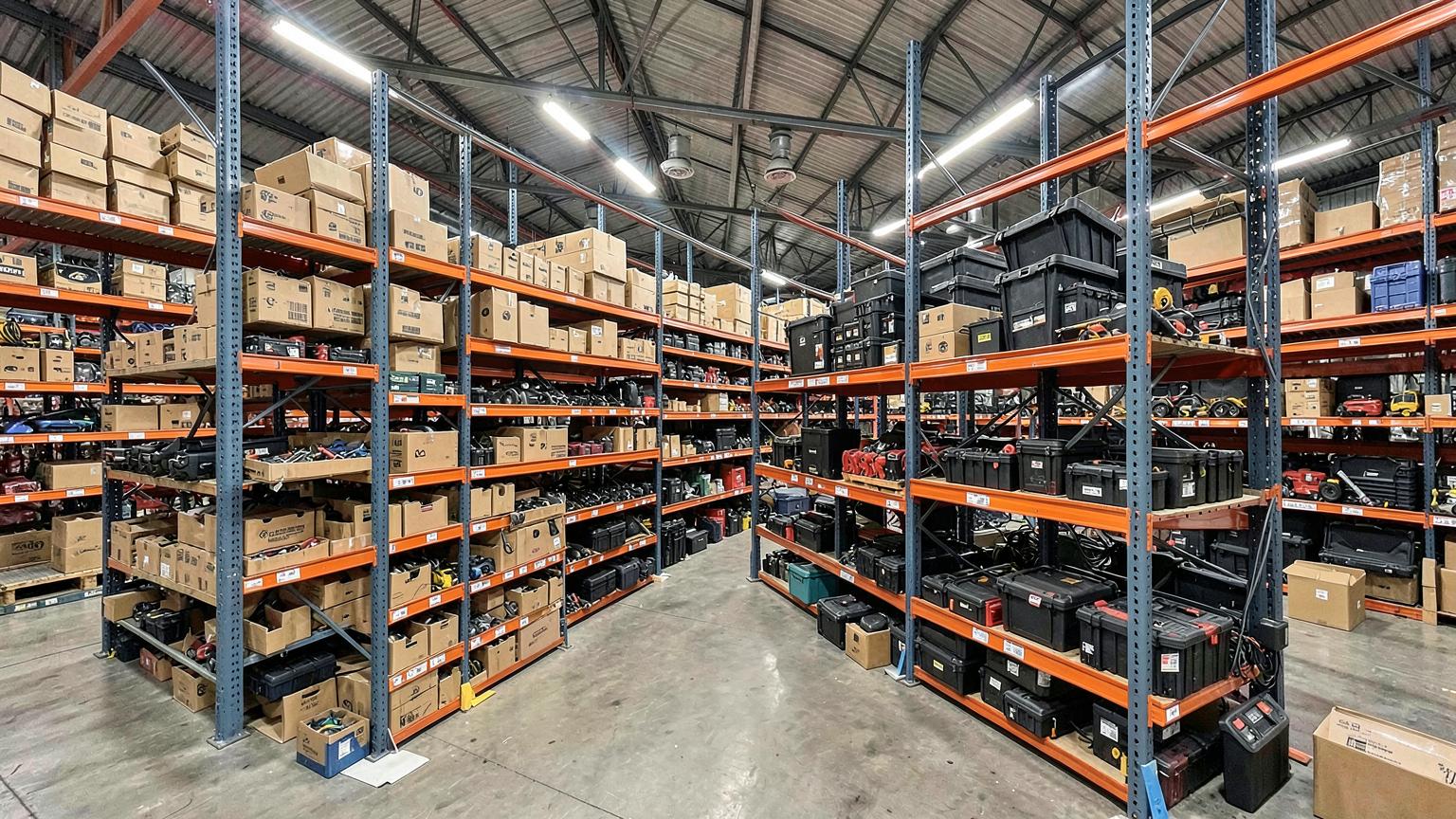 Warehouse racking filled with boxed professional tools