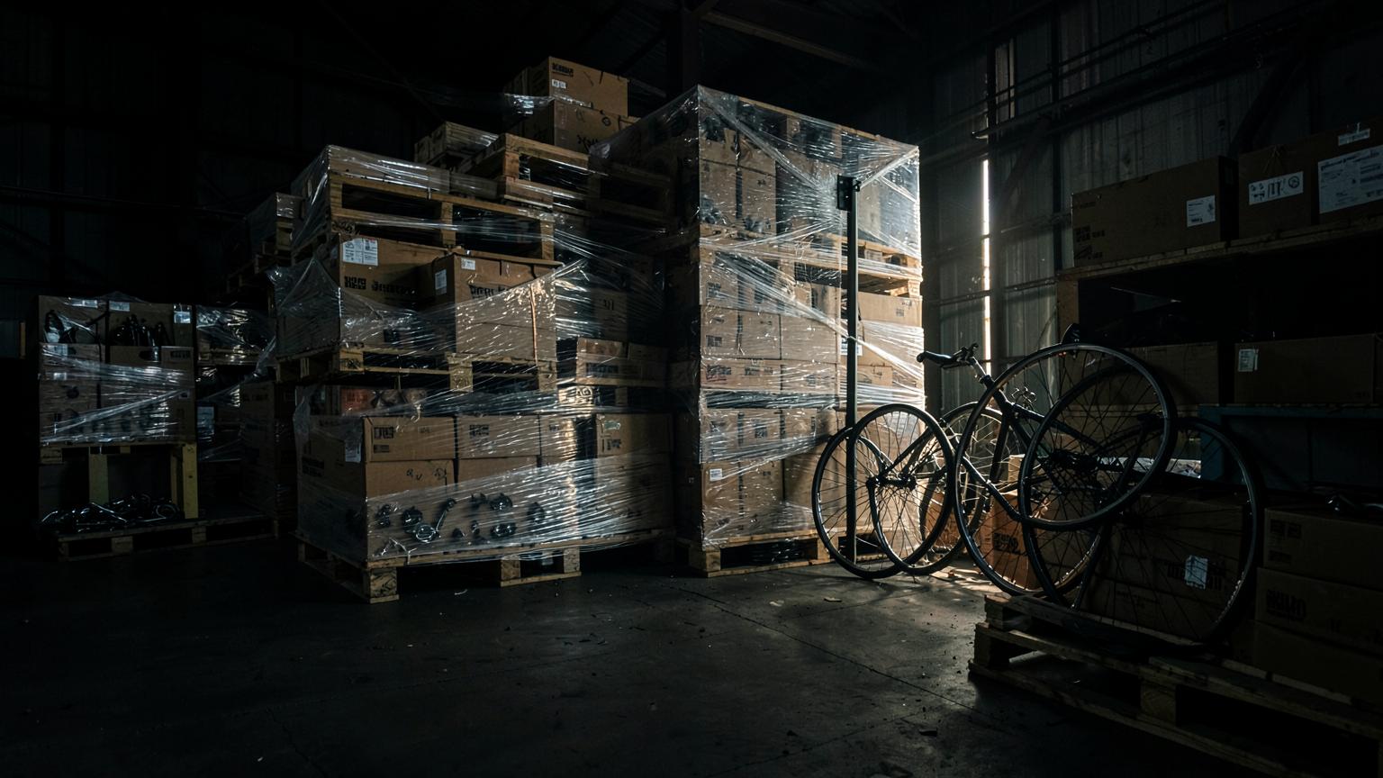 Wrapped pallets of bicycle inventory in a dark warehouse