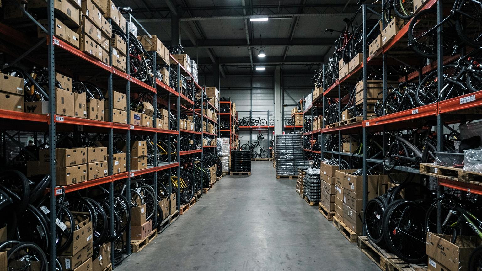 Warehouse racking filled with boxed bicycle components